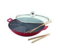 Wok fonte rouge 36 cm avec couvercle en verre - - Rouge - Fonte