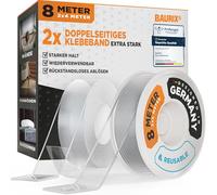 BAURIX® Ruban adhésif double face [2x 4m] - Adhésif double face extra fort - Double face transparent en silicone lavable - Scotch ultra résistant