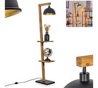 Baval Lampadaire moderne en métal/bois noir/naturel/doré, lampe sur pied avec abat-jour réglable, interrupteur à pied sur câble et étagères, hauteur 164 cm, 1 ampoule E27, sans ampoule