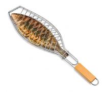 Bayli 36 x 15 cm - Grille à poisson avec poignée en bois - Panier à poisson pour barbecue - Support à poisson avec pince - Pince à poisson pour légumes, crevettes - Pince à poisson pliable
