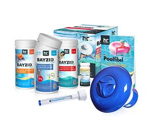 Bayzid® Kit de Démarrage pour Piscine - 7 Pièces pour l'Entretien de l'eau - Granulés de Chlore, Correcteur de pH, Pastilles Multi-Usages, Thermomètre, Pompe Doseuse, Bandelettes et Guide