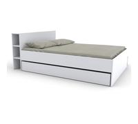 BB Loisir Lit 2 Places 140x190cm Blanc ROGO Inclus sommier et Tete de lit avec étageres et 1 tiroir