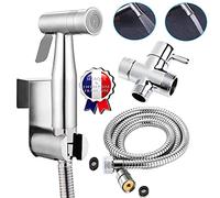 BbfStyle - Marque Française - SUS 304 Double Jet - Standard Français (3/8") - Kit douchette WC pour l'hygiène intime avec Vanne 3 voies - Métallique - Finition Nickel Brossé - Taharet Taharat
