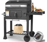 BBQ Barbecue au charbon de bois - Chariot de barbecue XXL - 116×55,7×100 cm - Acier revêtu par poudre - Table latérale pliable, poignée - Noir
