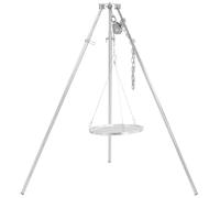 Grill rotatif à trois pieds de la marque BBQ-Toro, avec une grille de cuisson de 50 cm de diamètre, en acier inoxydable, et réglable en hauteur de 119 à 184 cm