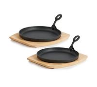 BBQ-Toro Petites poêles de service en fonte avec support en bois (2 pièces) | Ø 22 cm - rondes | déjà culottées - pré-assaisonnées | Petites poêles de grill avec poignée amovible | Poêle en fonte