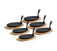Petites poêles de service en fonte BBQ-Toro avec planche en bois (lot de 6), 27 x 18 cm - ovales, noires, déjà culottées