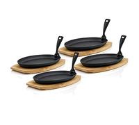 Petites poêles de service en fonte BBQ-Toro avec planche en bois (lot de 4), 27 x 18 cm - ovales, noires, déjà culottées
