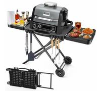 BBQMall Chariot de barbecue pliable, chariot de cuisine extérieur mobile avec plan de travail en acier inoxydable, roues, 2 étagères et 6 crochets, compatible avec Ninja Woodfire, Weber Q, Blackstone