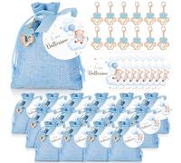 BBTO Coffrets Cadeaux pour Baby Shower Contient Cartes de Baptême Rondes Porte-Clés Sacs à Cordon pour les Cadeaux de Baby Shower(Ours,Bleu,30 Set)
