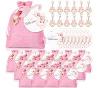BBTO Coffrets Cadeaux pour Baby Shower Contient Cartes de Baptême Rondes Porte-Clés Sacs à Cordon pour les Cadeaux de Baby Shower(Ours,Rose,30 Set)