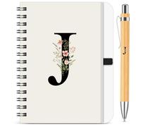 BBTO Set de Carnet de Notes et Stylo Personnalisé avec Initiale Lettre J, Cahier à Spirale Floral B6 avec Stylo en Bambou Lettre Cadeau pour Femme Homme Noël Anniversaire Saint Valentin Collègue Amis