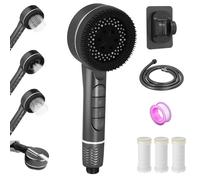 BBWELL Pommeau de Douche Haute Pression Filtrant avec Cartouche Remplaçable Massage Anti Calcaire, Tuyau 1,5 m Support Douche Bouton D'arrêt Economie D'eau et 4 Types de Jets Pommeau, Gris