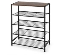 BDIT Accessoires Meuble à chaussures à 5 niveaux avec plateau supérieur effet bois, structure en métal noir, étagères en grille, meuble à chaussures gain de place pour entrée, chambre et garde-robe