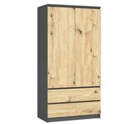 BDW Armoire 2 Portes, 4 étagères, portemanteau, 2 tiroirs, portemanteau, Armoire à tiroirs, Armoire penderie pour Chambre à Coucher, Salon, 180x90x51cm, (Gris/Chêne Artisan)