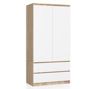 BDW Armoire 2 Portes, 4 étagères, portemanteau, 2 tiroirs, portemanteau, Armoire à tiroirs, Armoire penderie pour Chambre à Coucher, Salon, 180x90x51cm, (Chêne Sonoma/Blanc)