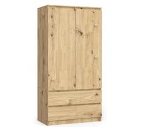 BDW Armoire à 2 portes, 4 étagères, portant, 2 tiroirs, portemanteau, tiroir, armoire pour chambre à coucher, salon, 180 x 90 x 51 cm, chêne artisanal