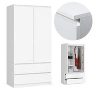 BDW Armoire à 2 portes, 4 étagères, portant, 2 tiroirs, portemanteau, tiroir, armoire pour chambre à coucher, salon, 180 x 90 x 51 cm, blanc