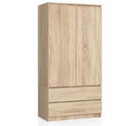 BDW Armoire à 2 portes, 4 étagères, portant, 2 tiroirs, portemanteau, tiroir, armoire pour chambre à coucher, salon, 180 x 90 x 51 cm, chêne Sonoma