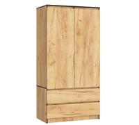 BDW Armoire à 2 portes, 4 étagères, portant, 2 tiroirs, portemanteau, tiroir, armoire pour chambre à coucher, salon, 180 x 90 x 51 cm, chêne artisanal