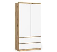BDW Armoire à 2 portes, 4 étagères, portant, 2 tiroirs, portemanteau, tiroir, armoire pour chambre à coucher, salon, 180 x 90 x 51 cm, chêne artisan/blanc