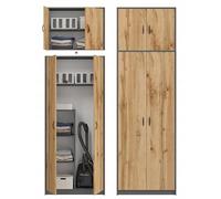 BDW - Armoire à balais - Armoire de ménage - 74x35x235cm - Polyvalente pour balais, aspirateur et Produits d’Entretien - Dino Graphite/Chêne Wotan Plus rehausse
