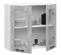 BDW - Armoire de Cuisine Suspendue Vitrée Oliwia W Blanche/Béton 80x30,5x72cm - Meuble Haut de Cusine Vitree - Placard Mural - Rangement - Vaiselle