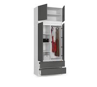 BDW Armoire de Rangement - Armoire à 4 Portes, 4 Etagères, 2 Tiroirs - Armoire Chambre à Coucher, Salon, Entrée - Placard Stylé pour Intérieur Moderne - 234x90x51cm - Blanc/Gris, Une Taille