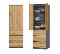 BDW - Armoire étroite - Armoire à vêtements avec tiroirs - 50 cm de Large, 180,5 cm de Haut - de Rangement, Armoire Polyvalente pour Chambre à Coucher, Couloir - Anthracite/Chêne Wotan