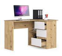 BDW Bureau d'angle à Droite, 3 tiroirs et 2 étagères, Beaucoup de Place pour se déployer, pour Chambres d'adolescents, Bureaux et ateliers, Table de Bureau 124x77x85 cm, Chêne Artisan/Blanc