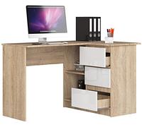 BDW Bureau d'angle avec 3 tiroirs et 2 étagères - Finition Brillante - Bureau pour Chambre d'ado Bureaux et ateliers - Gaming Table - 124x85x77 cm - Chêne Sonoma/Blanc Droite