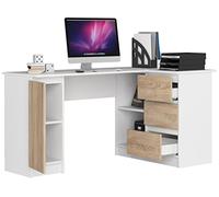 BDW Bureau d'angle Droit, 3 tiroirs et 4 étagères, Beaucoup de Place pour s'étendre, pour Chambres d'adolescents, Bureaux et ateliers, Table de Bureau, 155x77x91, Blanc/chêne Sonoma
