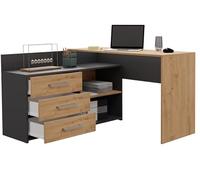 BDW Bureau d'angle droit avec 3 tiroirs et 2 étagères, beaucoup d'espace à déplier, pour chambre d'adolescent, bureau et atelier, bureau d'ordinateur, 120 x 76 x 50 cm, anthracite/chêne artisanal