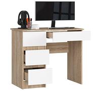 BDW Bureau de Jeu Avec 4 Tiroirs - Table d'Ordinateur - Petit Bureau 90x77x50cm - Chêne Sonoma/Blanc