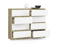 BDW Commode, 8 tiroirs, grand espace de rangement, penderie, couloir, salle de bain, commode multifonction, dimensions : 120 x 99 x 40 cm (chêne Artisan - Blanc)