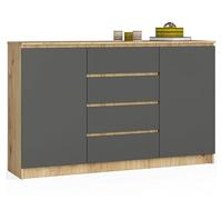 BDW - Commode à 4 tiroirs, Commode K160, Buffet à 2 Portes, Meuble de Salon, Chambre à Coucher, Couloir, Armoire de Bureau, matériau Robuste - 160x40x99 cm, Chêne Artisan/Gris