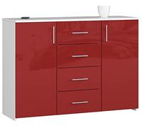 BDW Commode Brillante avec 4 Tiroirs et 2 Portes pour Chambre à Coucher, Salon, Entrée, Bureau - Design Moderne - Meuble de Rangement - Commode Spacieuse - 110 x 80 x 35 cm - Blanc et Rouge