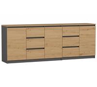 BDW Costa - Meuble de Rangement Moderne - Commode 3 Portes et 6 Tiroirs sans Poignées - pour Salon, Chambre ou Chambre d’Enfant - 200x40x75cm Anthracite/Chêne Artisan
