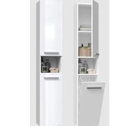 BDW NEL III Armoire de salle de bain, panier à linge, 2 portes, 174 x 31 x 30 cm, meuble sous lavabo, meuble haut, meuble de salle de bain, étagère de salle de bain, blanc brillant