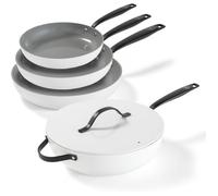 BE Living Batterie de Cuisine 4pcs, Poêles Ø20/24/28 cm + Wok Ø30 cm, Revêtement Antiadhésif, Sans PFAS, Blanc