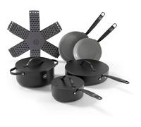 BE Living Batterie de Cuisine 5 pcs, Poêles, Sauteuse, Faitout & Casserole avec Couvercle + Protège-poêles, Sans PFAS, Noir