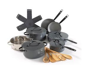 BE Living Batterie de Cuisine 6 pcs, Poêles, Sauteuse, Faitout, Casserole & Cuiseur Vapeur + Ustensiles & Protège-Poêles, Gris