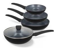 BE Living Delight Batterie 4pcs, Poêles Ø20/24/28 cm + Wok Ø28 cm avec Couvercle, Revêtement Antiadhésif, Sans PFAS, Noir