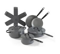 BE Living Batterie de Cuisine 5 pcs, Poêles, Sauteuse, Faitout & Casserole avec Couvercle + Protège-poêles, Sans PFAS, Gris