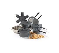 BE Living Batterie de Cuisine 6 pcs, Poêles, Sauteuse, Faitout, Casserole & Cuiseur Vapeur + Ustensiles & Protège-Poêles, Gris