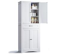 BEALIFE Armoire haute avec 4 portes & 1 tiroir | 73x42x180 cm avec sécurité anti-basculement pour salle à manger, chambre & débarras | Blanc/Brun/Noir | AP16