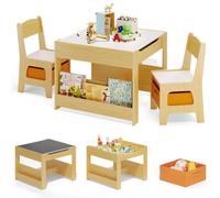 BEALIFE Ensemble de table et chaises pour enfants 3 pièces TB91 | Table pour enfants avec 2 chaises, espace de rangement et tableau | Gris/naturel | Pour les 3-7 ans