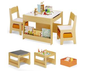 BEALIFE Ensemble de table et chaises pour enfants 3 pièces TB91 | Table pour enfants avec 2 chaises, espace de rangement et tableau | Gris/naturel | Pour les 3-7 ans