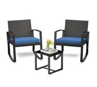 Bealife Ensemble Salon de Jardin 3 pièces avec 2 Fauteuils à Bascule et Table Basse - Chaises en Poly Rotin avec Coussins Mobilier de Jardin pour Amenagement Balcon Terrasse - Bleu