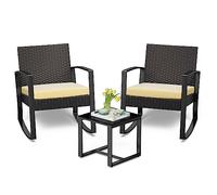 Bealife Ensemble Salon de Jardin 3 pièces avec 2 Fauteuils à Bascule et Table Basse - Chaises en Poly Rotin avec Coussins Mobilier de Jardin pour Amenagement Balcon Terrasse - Beige